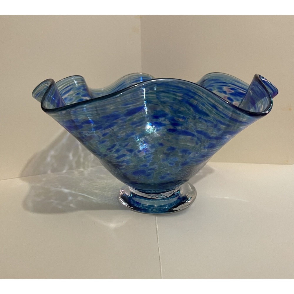 Hand Blown Art Blue Glass Bowl Stamped BAGI Art Studios - Picture 4 of 10